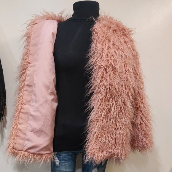 💋BOHO CHIC💋VTG 70s Style Blush Pink Faux Mongolian Curly Lamb Fur Jacket - Picture 7 of 13